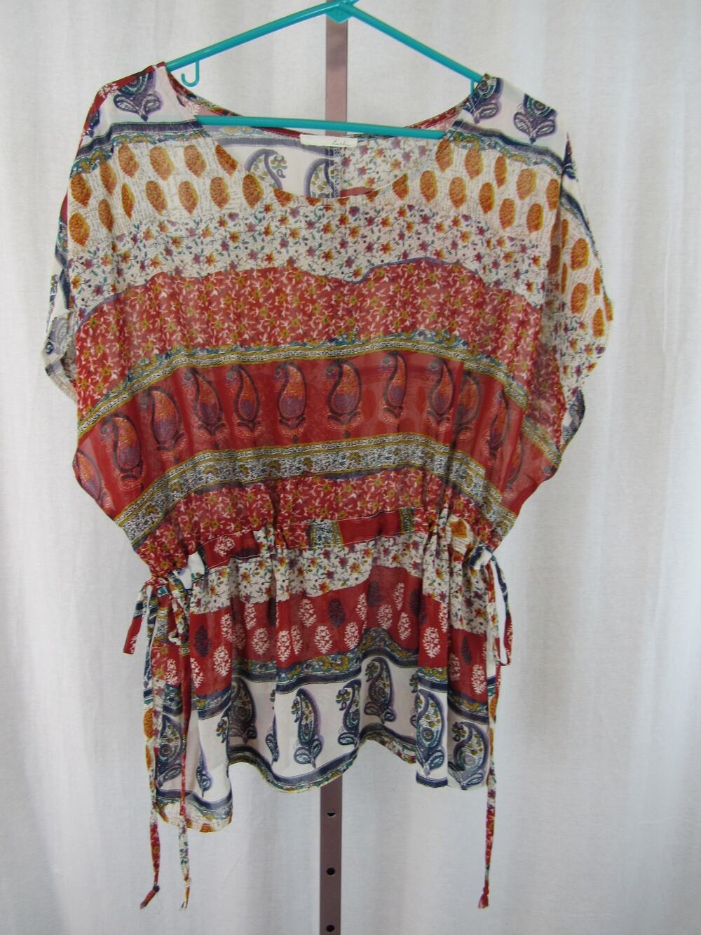 Lush Medium Semi Sheer Multi Print Top Paisley Stripes Adjustable Swim Coverup
